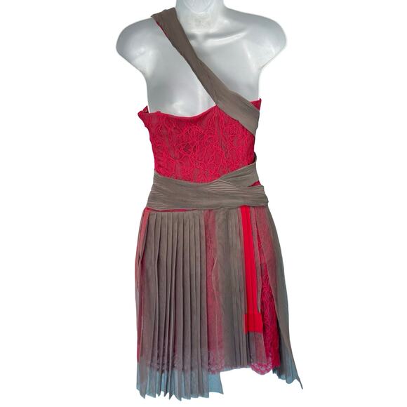 BCBGMAXAZRIA Runway Pink Lace Gray Mesh Ribbon Floral One Shoulder Dress Size 0 - Picture 5 of 12